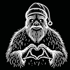 Bigfoot in Santa Costume Making Heart Gesture