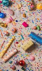 Colorful confetti and party favors on a white background.