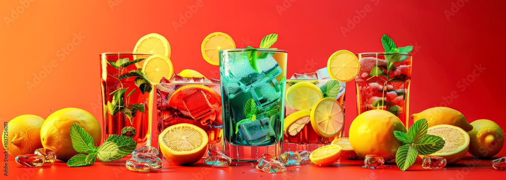 Poster row of colorful drinks with a red background. the drinks are in various colors and sizes, including 