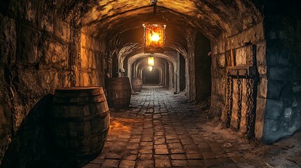 A dimly lit stone corridor with wooden barrels and a wrought iron door, creating an eerie and mysterious atmosphere.