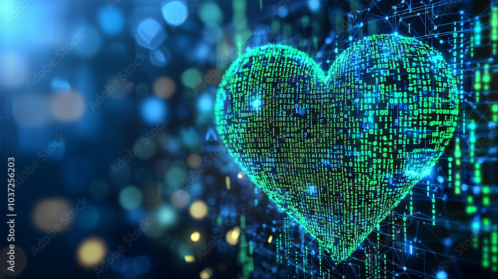 Poster digital heart shape composed of blue and green binary codes symbolizes technology and data. this vib