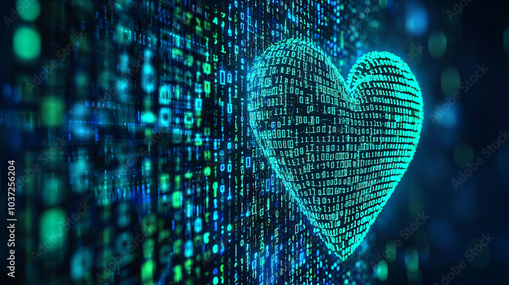 Poster digital heart shape formed by binary codes, symbolizing technology and love. vibrant blue and green 