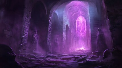 Obraz premium A mysterious and eerie hallway with a bright, pulsing, purple light at the end