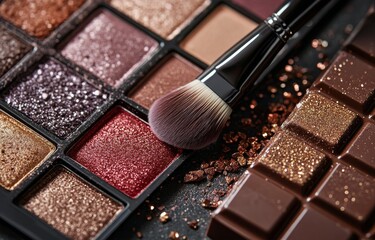 Sparkling makeup palette with brush and chocolate treat on dark textured surface