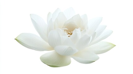 A soft white lotus flower, delicately floating against a clean white background, symbolizing peace and spirituality.