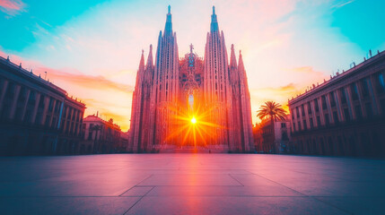 Obraz premium A stunning sunrise casts a warm glow over the intricate facade of a cathedral.