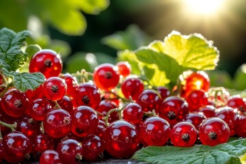 A close-up of Redcurrant (Ribes Rubrum) berries, with the glossy red fruits and leaves sparkling in the sunlight