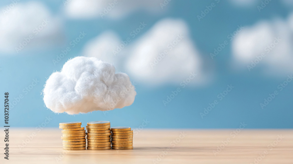 Poster cloud computing concept with focus on growing monetary value represented by stacks of coins beneath 
