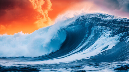 Fototapeta premium A majestic wave crashes against the shore at sunset, creating a stunning contrast with vibrant orange and deep blue tones