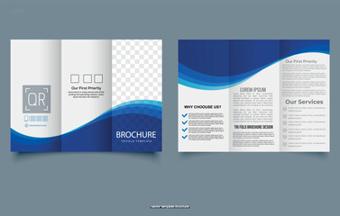 Tri fold wave brochure layout. Blue and white flyer. For design and print. Trifold Print Ready Brochure Template. Vector illustration