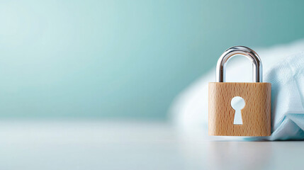 wooden padlock symbolizes security and protection, resting on soft surface. This conveys sense of safety and trust, ideal for themes related to privacy and safeguarding