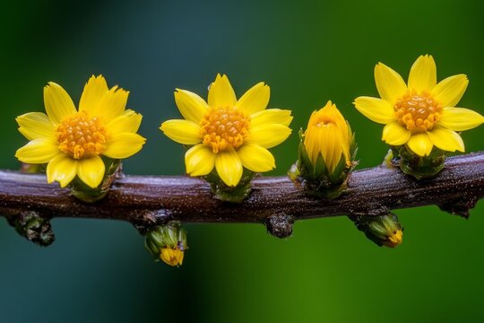A close-up of the tiny yellow flowers on a Solidago Canadensis stalk, highlighting their intricate details