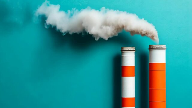 White smoke billows from two tall chimneys against a teal backdrop