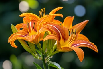 Obraz premium A cluster of bright orange Daylilies in full bloom, their vibrant petals glowing in the morning sunlight