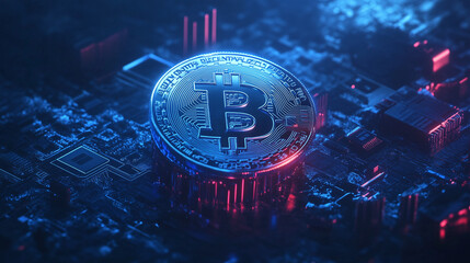 Blue Hologram of Coins and Circuit Board Hovering Over Bitcoin Logo on Dark Background, Cyberpunk Vector Illustration. 3d illustration style,
