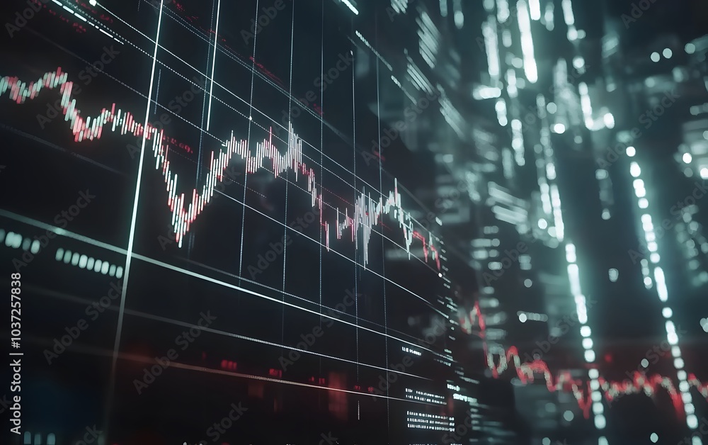 Fototapete a dynamic digital visualization of financial data displaying fluctuating stock prices and trends on 