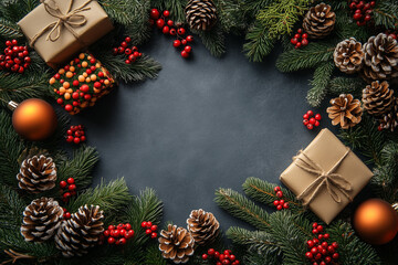 A Christmas wreath with pine cones and a box of presents. The pine cones are in the center of the wreath and the presents are on the right side.