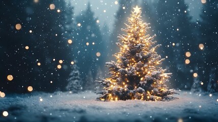 Fototapeta premium A Snowy Christmas Tree Illuminated with Warm Lights in a Forest Setting