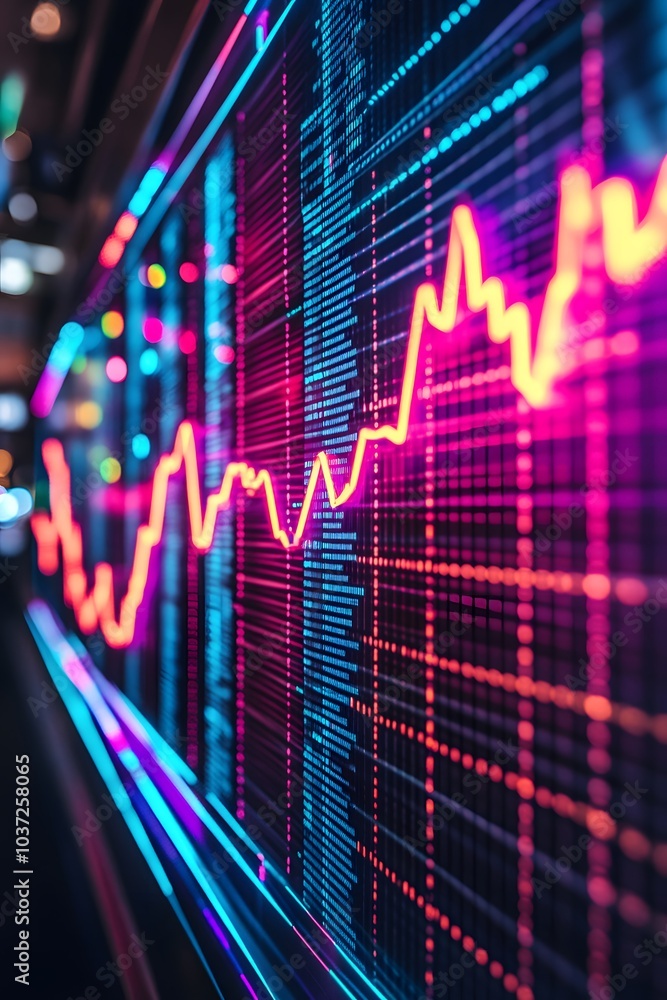 Poster A vibrant digital graph displaying fluctuating data trends, highlighted by bright neon colors against a dark background.