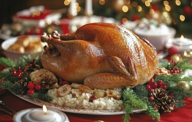 A beautifully roasted turkey surrounded by festive dishes on a holiday dining table