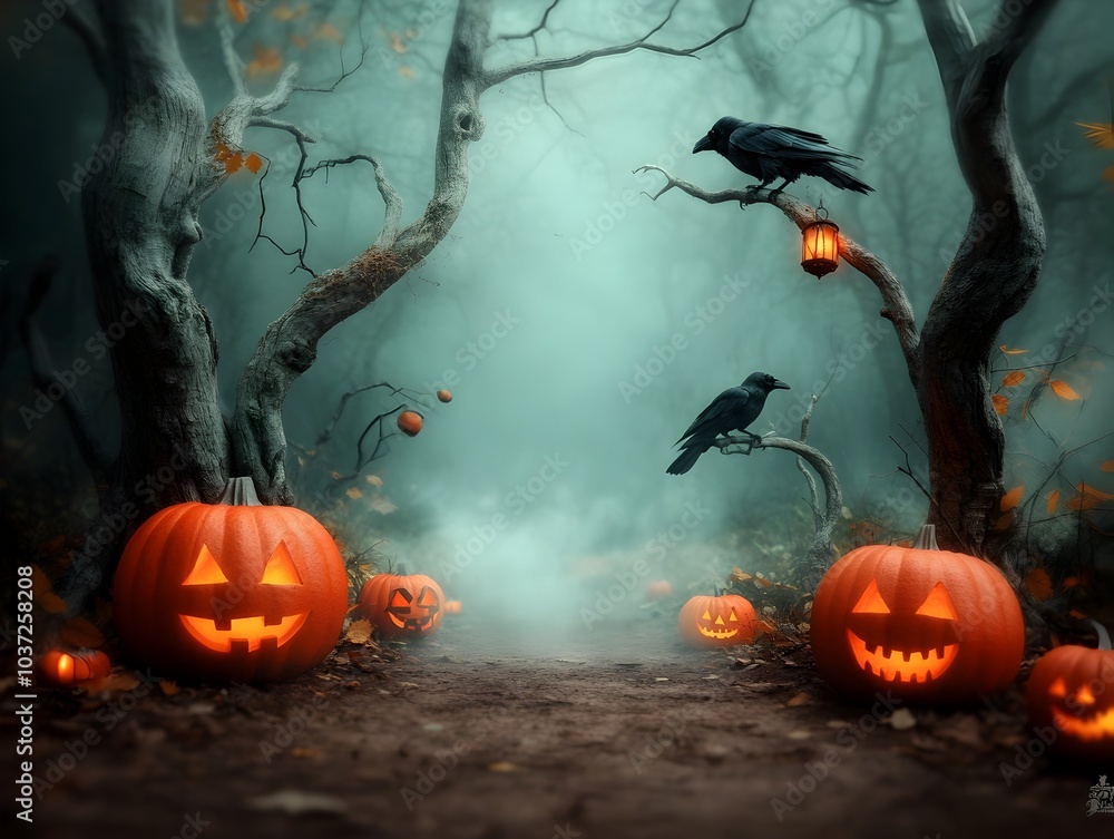 Poster eerie forest path on all hallows eve with twisted ancient trees reaching skeletal branches fog drift