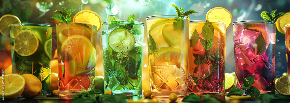 Poster row of colorful drinks with a green garnish. the drinks are in different colors and are arranged in 