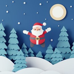 Naklejka premium Santa flying over snowy forest, bright full moon, flat design illustration