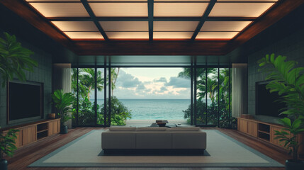 Spacious living room with a stunning view of the ocean and tropical landscape.