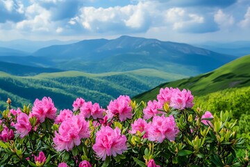 Pink rhododendron flowers in the Carpathian mountains