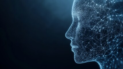 Obraz premium A digital representation of a human face outlined by interconnected lines and dots, symbolizing technology and artificial intelligence.