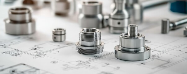 Close-up of metal components on technical drawings, intricate mechanical engineering, industrial design, high-detail manufacturing setup