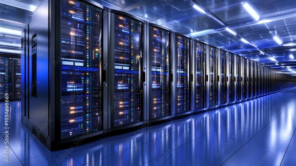 Poster a modern data center featuring rows of server racks illuminated by blue lights, showcasing advanced 