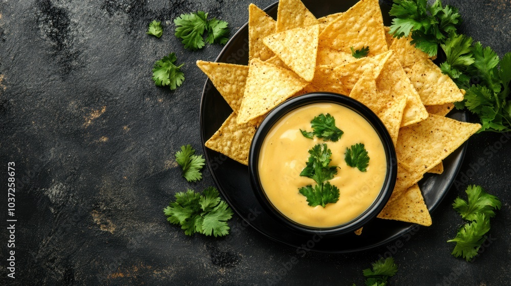 Aufkleber a generous serving of crispy corn chips accompanied by creamy cheese sauce and fresh cilantro create