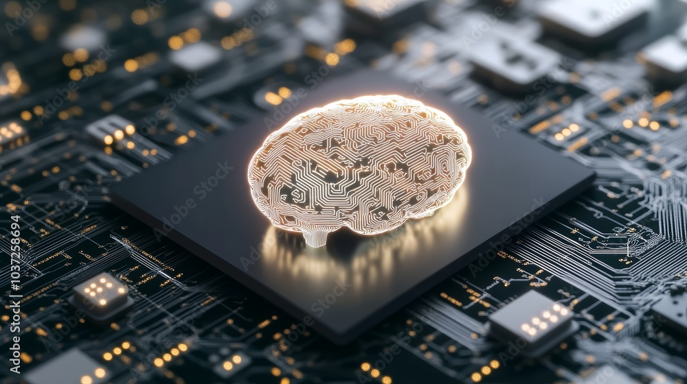 Poster a stylized brain appears on a circuit board, symbolizing the intersection of artificial intelligence
