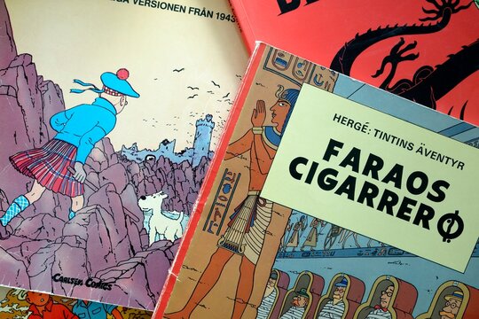 Stockholm, Sweden October 14th, 2024. A stack of comic Tintin books