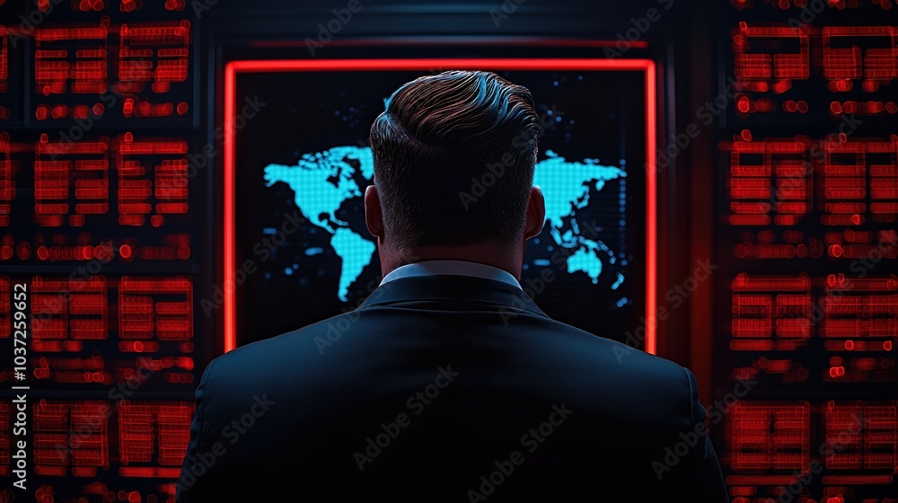 Poster businessman analyzing world map data in a high-tech control room with digital screens and a sleek de