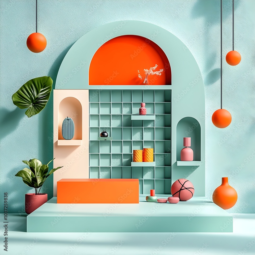 Poster bright and airy 3d interior scene with a clean minimalist aesthetic featuring a product display plin