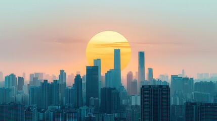 Golden Dawn Over City Skyline, vibrant high-rise buildings silhouetted against a radiant sun, symbolizing prosperity and opportunity, ideal for promotional messaging.