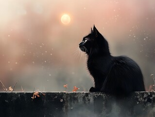 Silhouetted feline figure its obsidian fur rippling in the gentle breeze poised atop an old