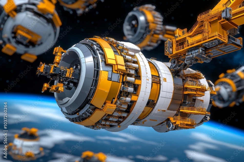 Aufkleber A futuristic space station being constructed by engineers, with massive robotic cranes and floating construction platforms in orbit around a planet
