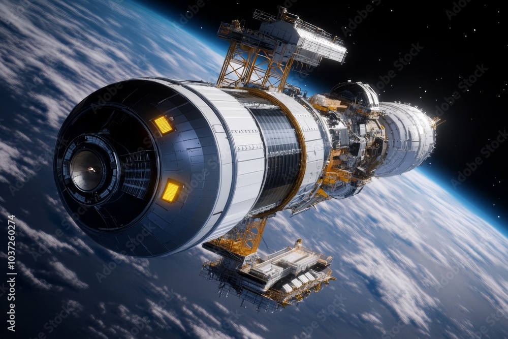 Poster A futuristic space station being constructed by engineers, with massive robotic cranes and floating construction platforms in orbit around a planet