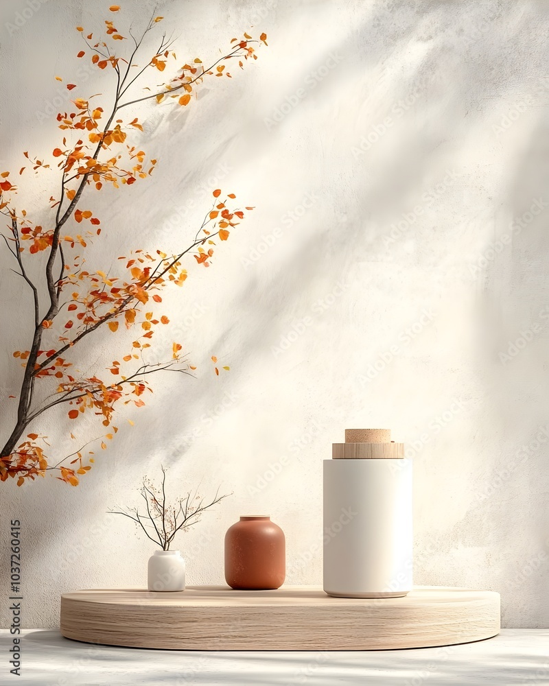 Poster serene and minimalist 3d studio environment showcasing a central product display podium with wooden 