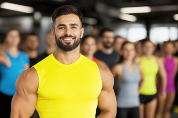 Young man in bright yellow shirt smiling at fitness class in gym during workout session