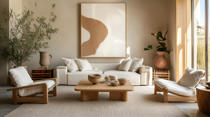 Interior with Light Wood Accents and Large Art Piece, Japandi-Style Minimalist Design
