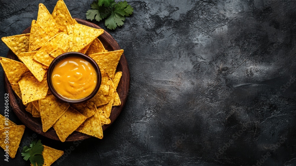 Poster a platter of golden corn chips is generously topped with creamy cheese sauce, ideal for sharing at g