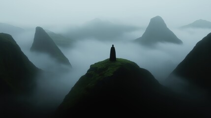 Solitary figure standing on misty mountain peak surrounded by eerie fog AI generated
