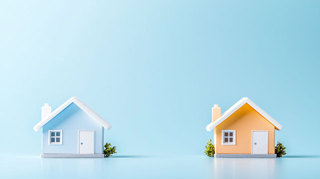 Small model houses in blue and orange colors on light blue background, representing property purchase and home ownership. image evokes feelings of uncertainty and questioning in real estate