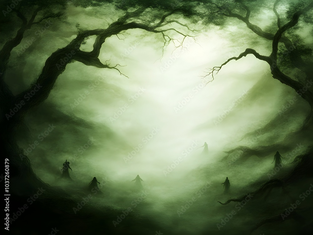 Poster ghostly goblins and otherworldly entities drift through the misty ancient forest on all hallows eve 