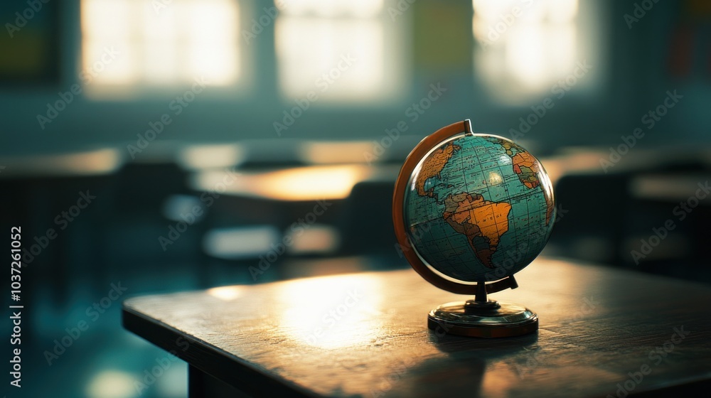 Poster a globe sits on a desk in a classroom, illuminated by soft light through windows.