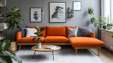 Living Room Interior with Soft Grey Walls and Burnt Orange Armchairs, Modern and Cozy Home Decor